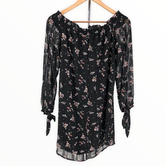 Wayf Black Floral Off Shoulder Long Sleeve Tie Cuff Dress size Large - Picture 8 of 12
